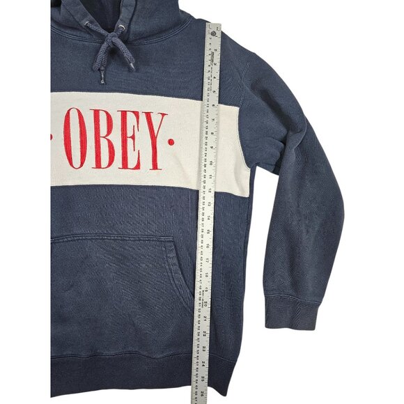 Obey Navy & Cream Hoodie With Red Logo Print Size Small - Picture 3 of 10